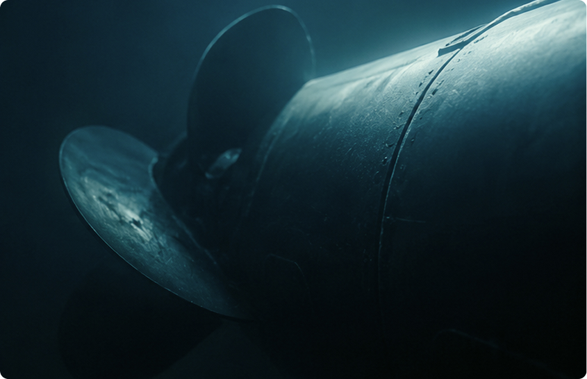Back part of a submarine including its screw